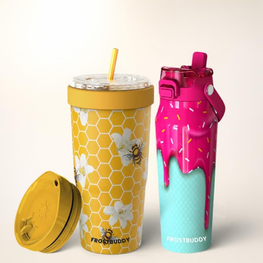 Muestra de termo de acero inoxidable con textura y relieve